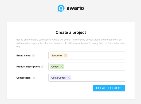 כיצד להשתמש ב- Awario להאזנה למדיה חברתית, שלב 1 צור פרויקט.