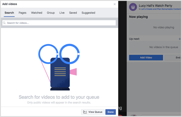 בחר מקור להוספת סרטונים לתור מסיבות הצפייה שלך בפייסבוק.