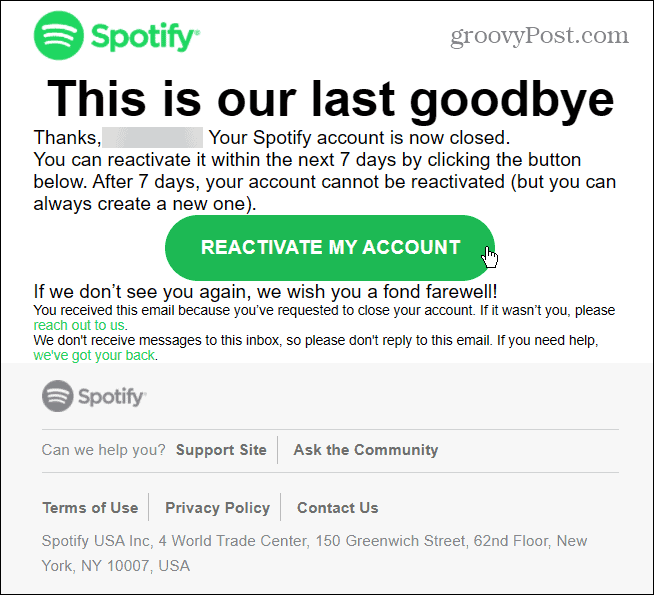 דוא" ל הפעלה מחדש של Spotify