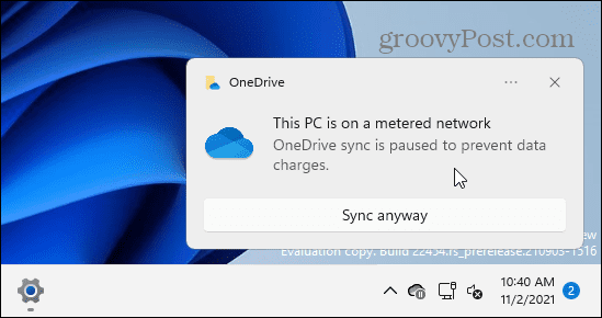 הודעת OneDrive Metered Connection Limit