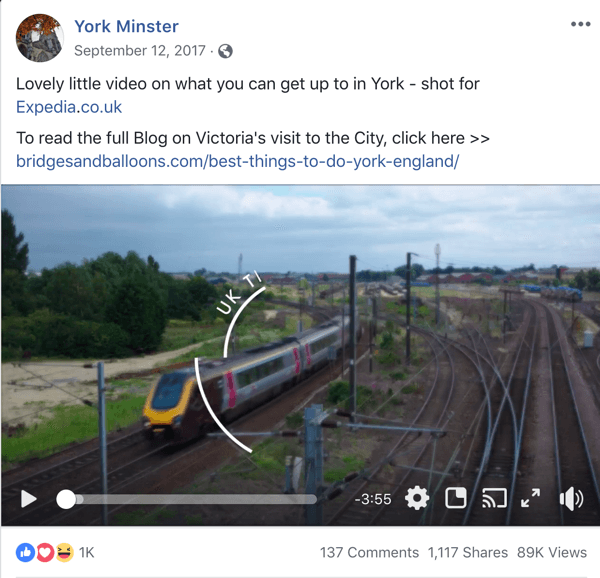 דוגמה לפוסט בפייסבוק עם מידע תיירותי מיורק מינסטר.