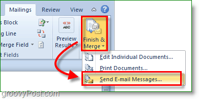 צילום מסך של Outlook 2010 -סיים ומיזוג ושליחת הודעות דואר אלקטרוני