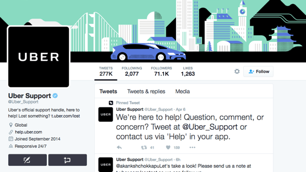 ל- Uber יש ידית טוויטר נפרדת לתמיכה ב- Uber.