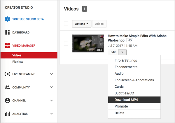 נווט לסרטון שלך במנהל הסרטונים, לחץ על כפתור העריכה לצד סרטון YouTube ובחר הורד MP4.