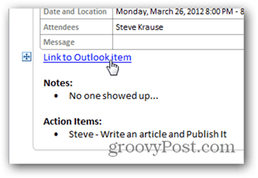 לחץ על קישור חזרה לפריט לוח השנה של Outlook