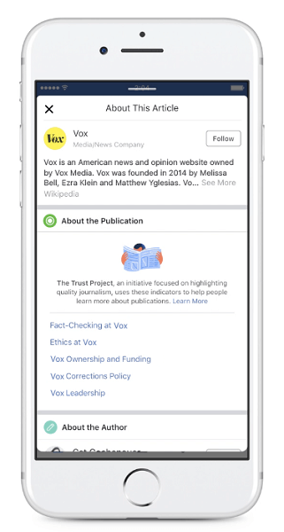 פייסבוק תתחיל להציג מחווני אמון של מפרסמים חדשים עבור מאמרים המשותפים בפיד החדשות.